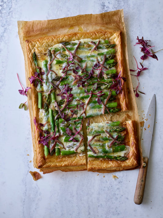 asparagus, taleggio & anchovy tart