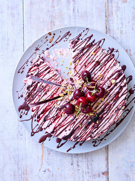 black cherry, chocolate & meringue ice cream cake