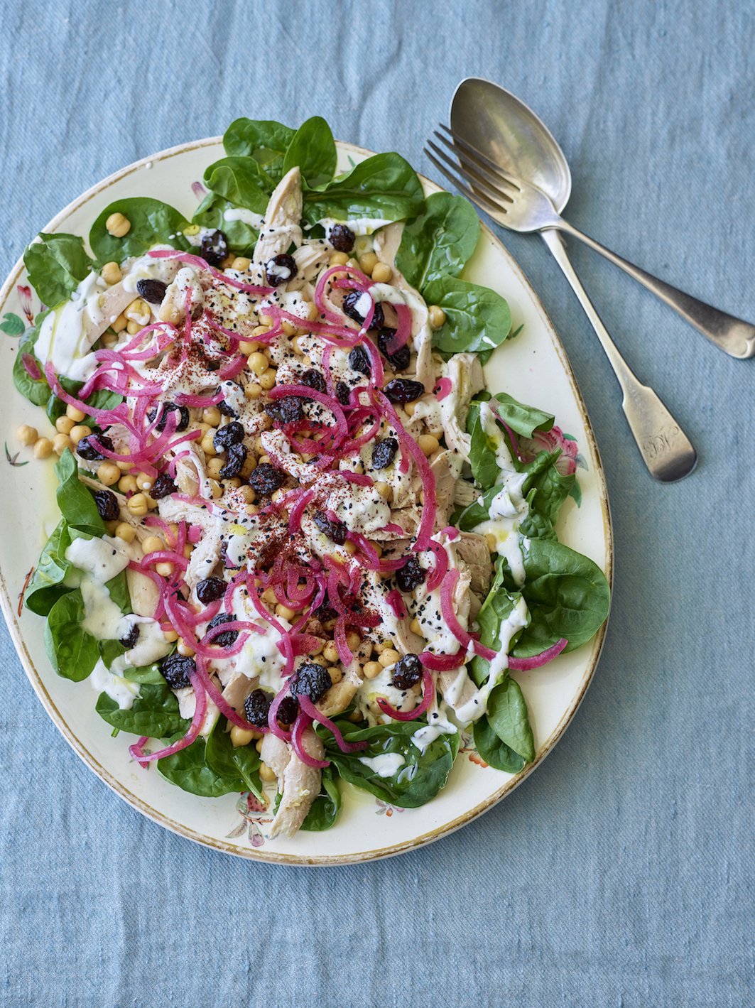 middle-eastern chicken & chickpea salad with cumin yoghurt sauce & quick pickles