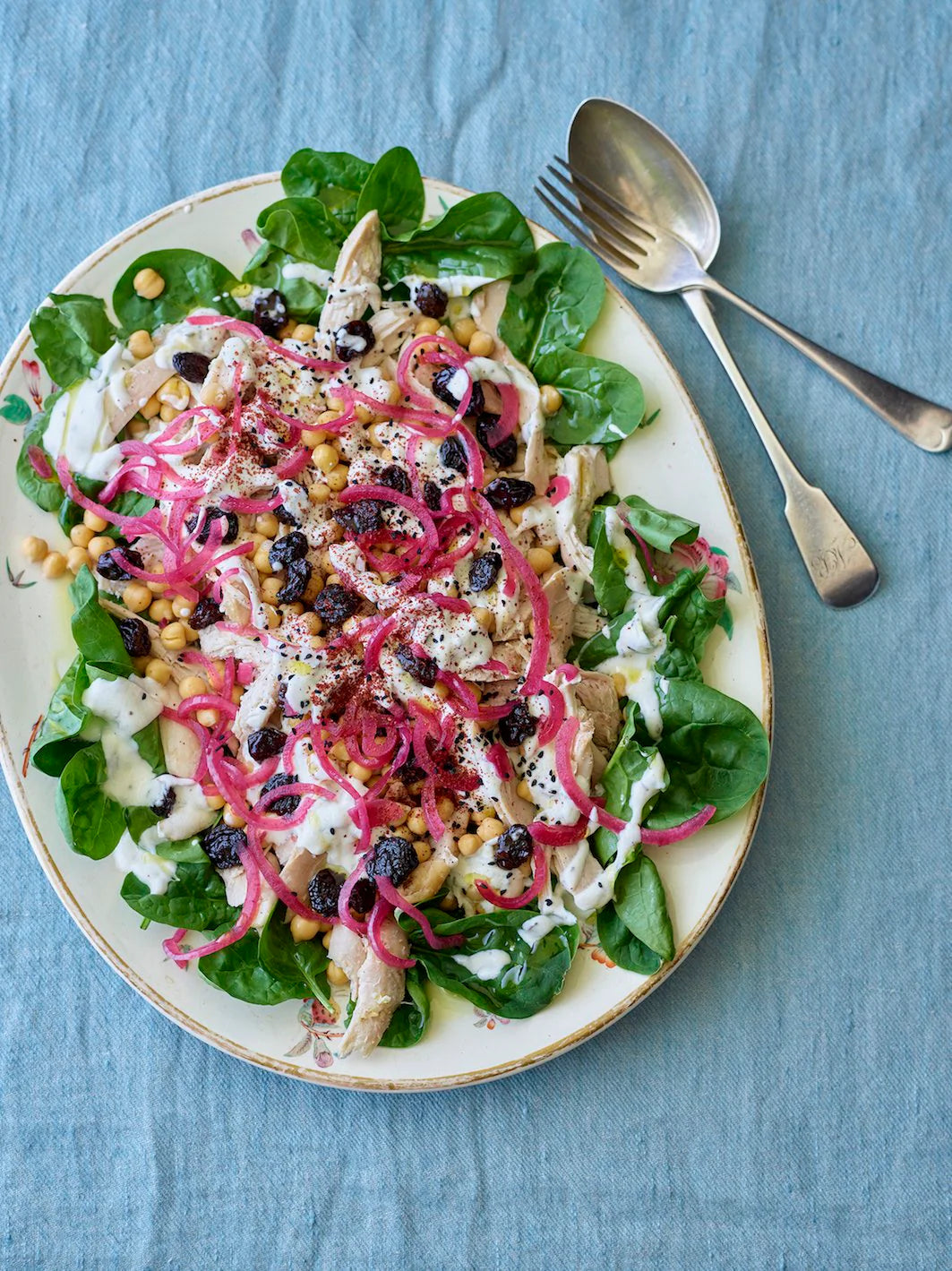 middle-eastern chicken & chickpea salad with cumin yoghurt sauce & quick pickles