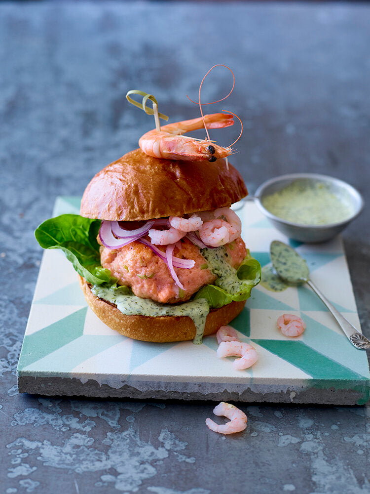 salmon & prawn brioche burgers with watercress, lime & wasabi mayo