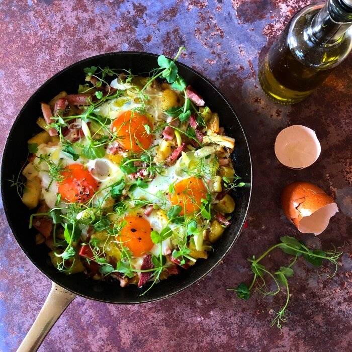 celeriac, potato & ham hash with baked eggs