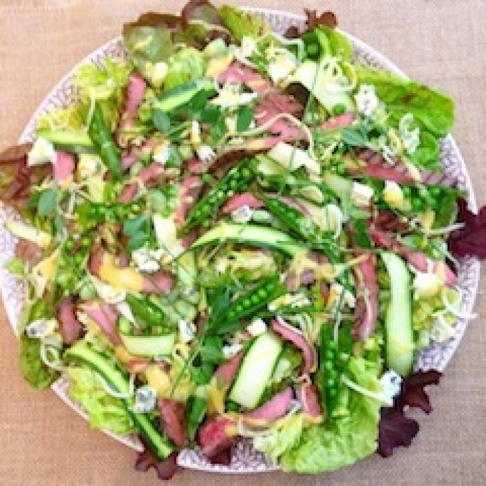 flat iron steak and blue cheese salad with mustard dressing