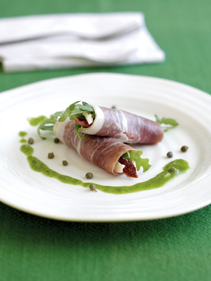 parma ham, mozzarella & rocket roulades with basil vinaigrette