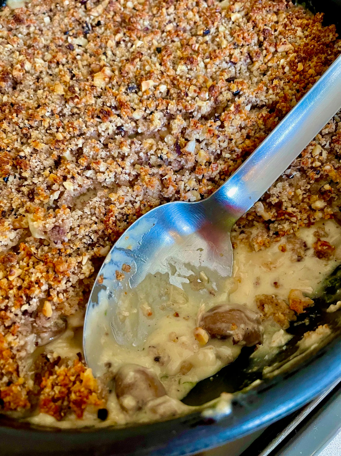 creamy tarragon turkey with walnut & black olive crumble