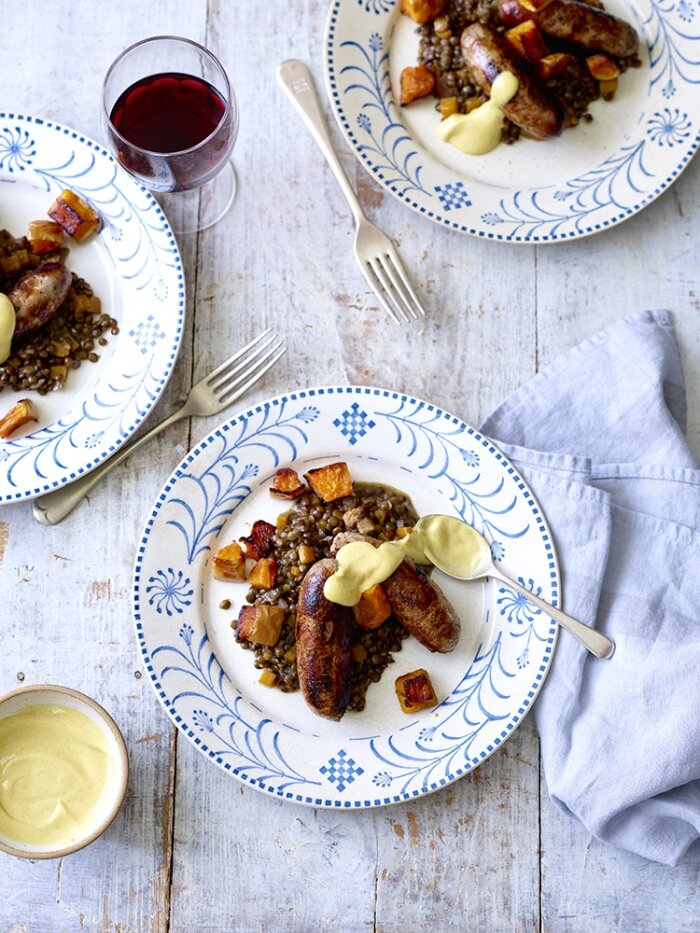 sausage & puy lentil casserole with roasted butternut squash